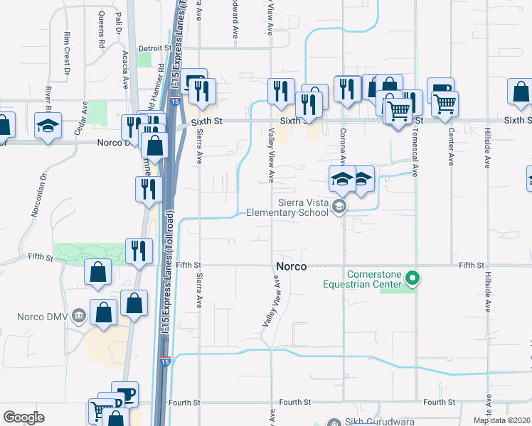 map of restaurants, bars, coffee shops, grocery stores, and more near 3580 Valley View Avenue in Norco