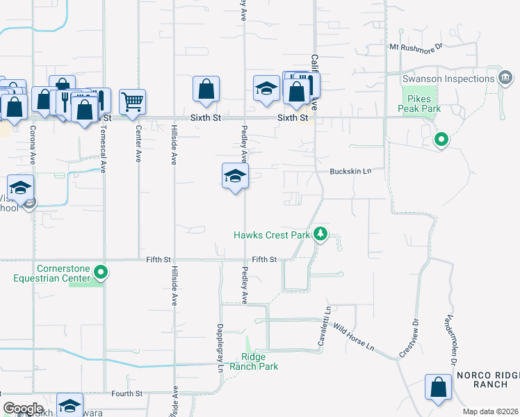map of restaurants, bars, coffee shops, grocery stores, and more near 3563 Pedley Avenue in Norco