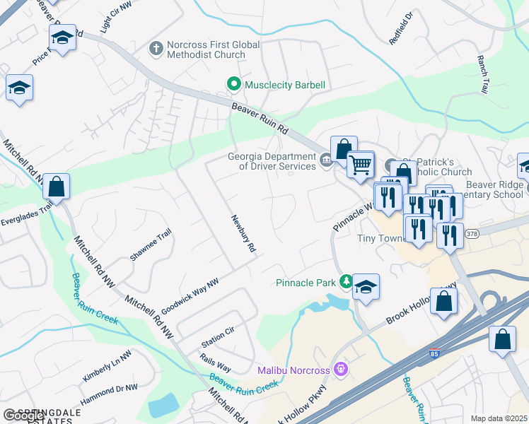 map of restaurants, bars, coffee shops, grocery stores, and more near 2191 Wexford Drive in Norcross