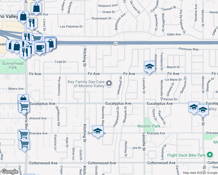 map of restaurants, bars, coffee shops, grocery stores, and more near 12810 Ardos Street in Moreno Valley