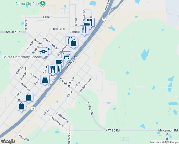 map of restaurants, bars, coffee shops, grocery stores, and more near 415 East Haynie Avenue in Calera