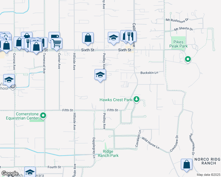 map of restaurants, bars, coffee shops, grocery stores, and more near 3563 Pedley Avenue in Norco