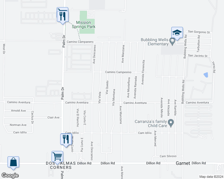 map of restaurants, bars, coffee shops, grocery stores, and more near 15765 Vía Montana in Desert Hot Springs