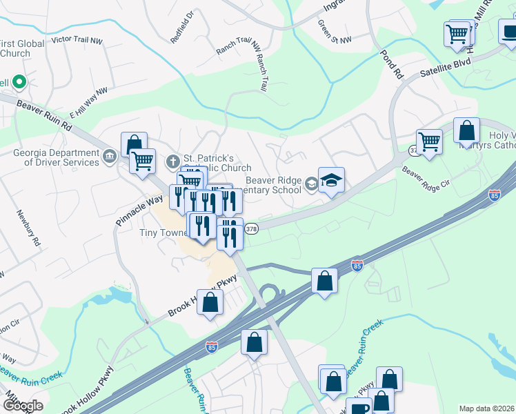 map of restaurants, bars, coffee shops, grocery stores, and more near 5024 Cherokee Ct in Norcross