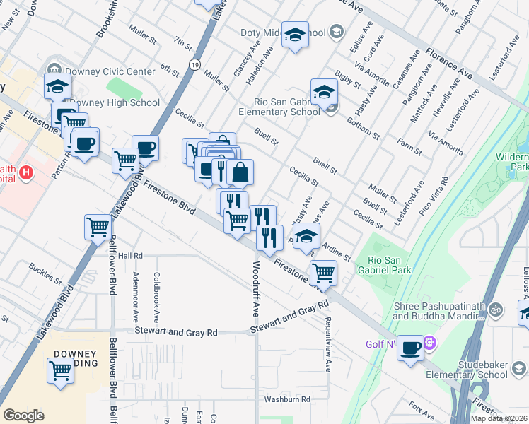 map of restaurants, bars, coffee shops, grocery stores, and more near 11000 Woodruff Avenue in Downey
