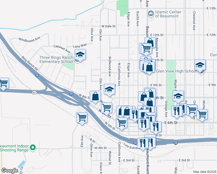 map of restaurants, bars, coffee shops, grocery stores, and more near 885 Wellwood Avenue in Beaumont
