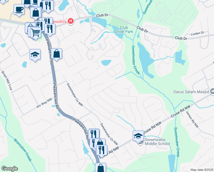 map of restaurants, bars, coffee shops, grocery stores, and more near 3490 Yarmouth Hill in Lawrenceville