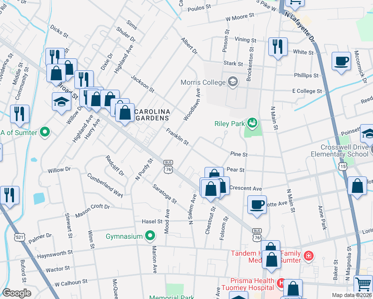 map of restaurants, bars, coffee shops, grocery stores, and more near 38 Corbett Street in Sumter