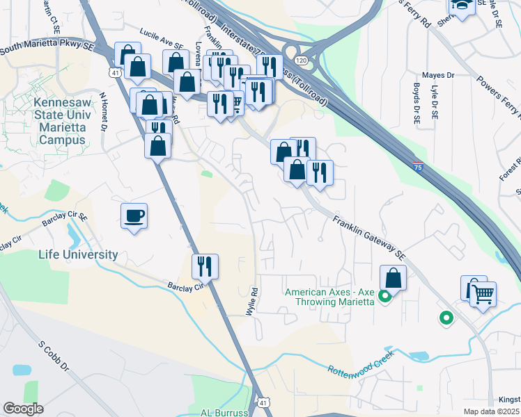 map of restaurants, bars, coffee shops, grocery stores, and more near 2107 Augusta Drive in Marietta