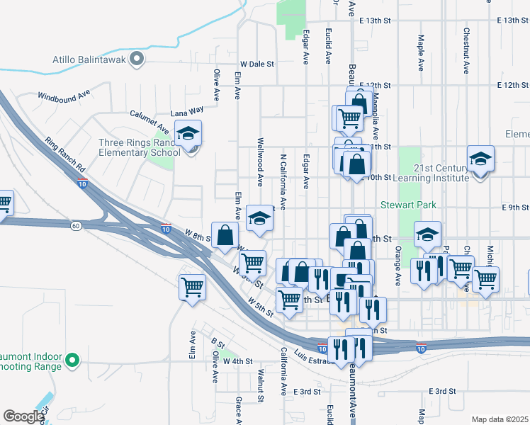 map of restaurants, bars, coffee shops, grocery stores, and more near 890 Wellwood Avenue in Beaumont