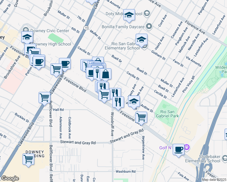map of restaurants, bars, coffee shops, grocery stores, and more near 11000 Woodruff Avenue in Downey