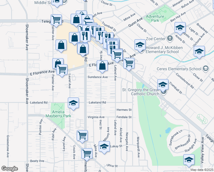 map of restaurants, bars, coffee shops, grocery stores, and more near 10840 Inez Street in Whittier