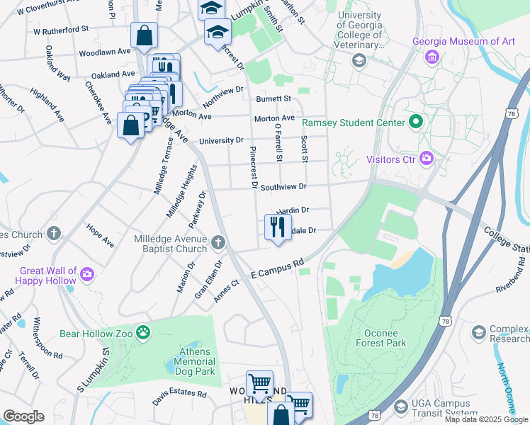 map of restaurants, bars, coffee shops, grocery stores, and more near 640 Pinecrest Drive in Athens