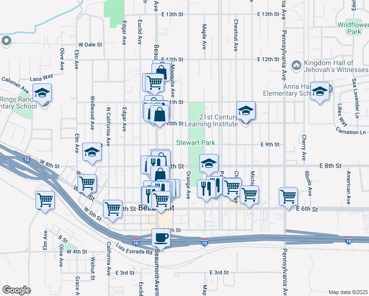 map of restaurants, bars, coffee shops, grocery stores, and more near 937 Orange Avenue in Beaumont