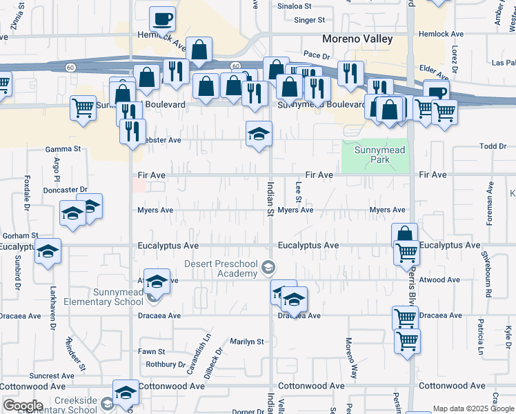 map of restaurants, bars, coffee shops, grocery stores, and more near 12755 Indian Street in Moreno Valley