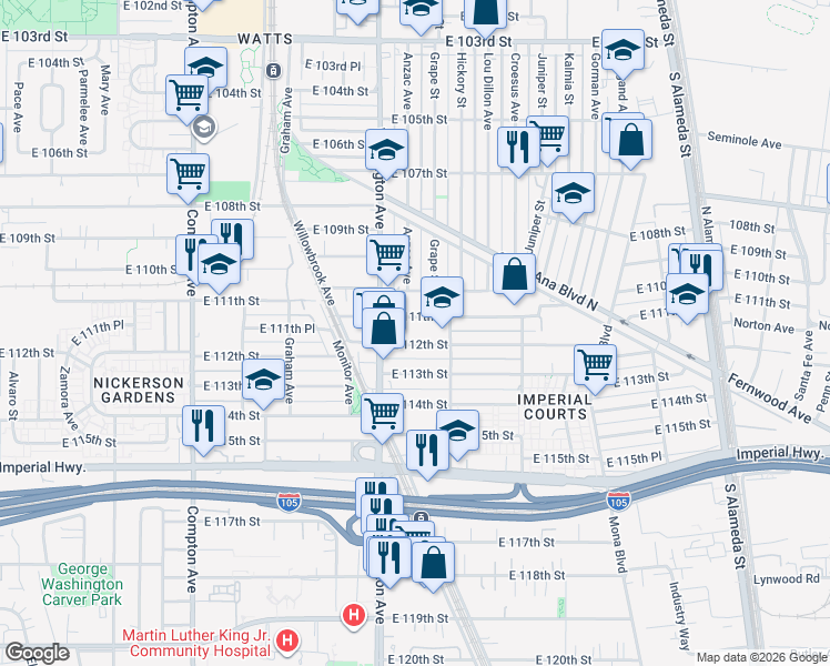 map of restaurants, bars, coffee shops, grocery stores, and more near 1943 East 111th Street in Los Angeles