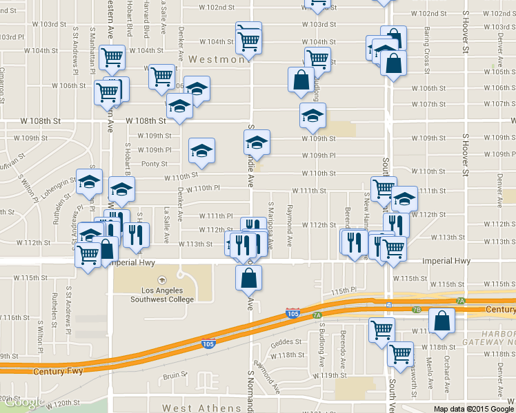 map of restaurants, bars, coffee shops, grocery stores, and more near 1400 West 110th Place in Los Angeles