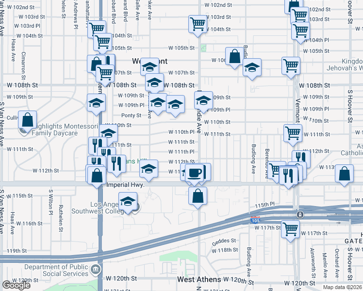 map of restaurants, bars, coffee shops, grocery stores, and more near 1448 West 110th Place in Los Angeles