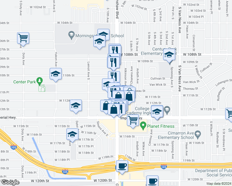 map of restaurants, bars, coffee shops, grocery stores, and more near 11112 Crenshaw Boulevard in Inglewood
