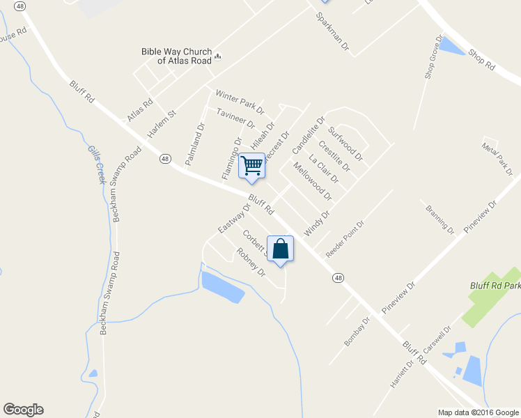 map of restaurants, bars, coffee shops, grocery stores, and more near 4502 Bluff Road in Columbia