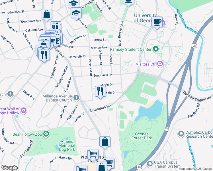 map of restaurants, bars, coffee shops, grocery stores, and more near 390 Southview Drive in Athens