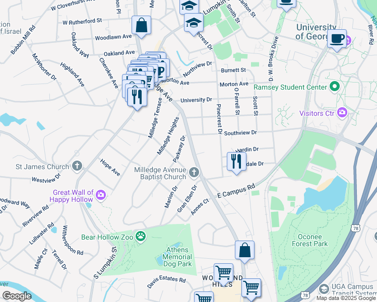 map of restaurants, bars, coffee shops, grocery stores, and more near 1620 South Milledge Avenue in Athens