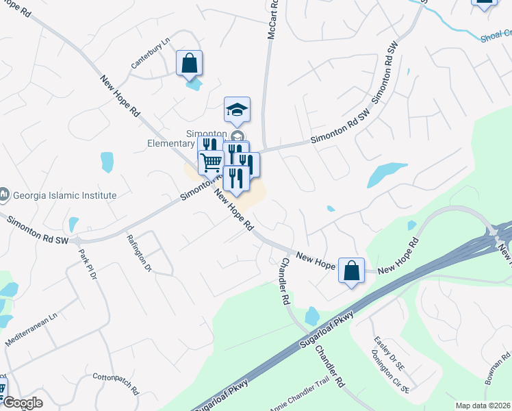 map of restaurants, bars, coffee shops, grocery stores, and more near 852 Chandler Road in Lawrenceville