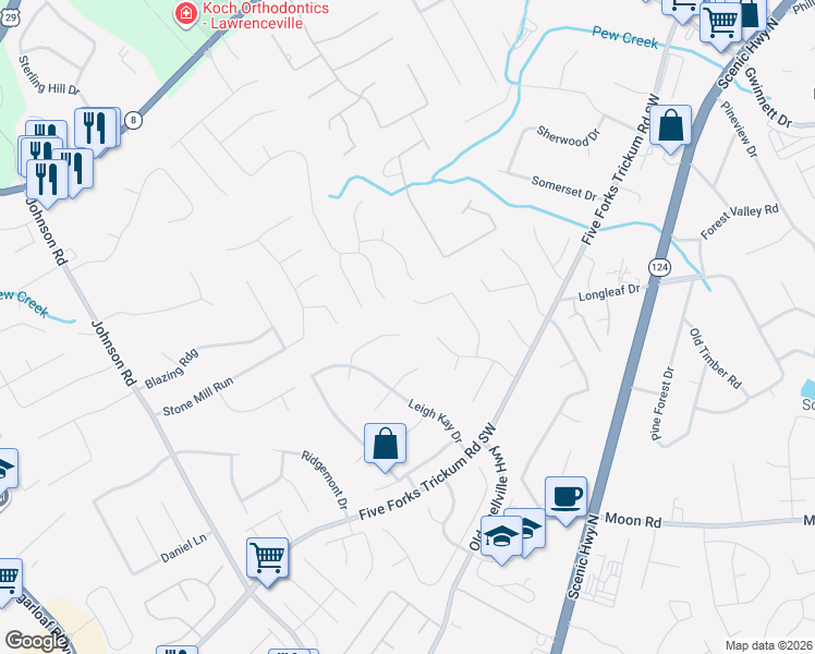 map of restaurants, bars, coffee shops, grocery stores, and more near 610 Thornbush Trce in Lawrenceville