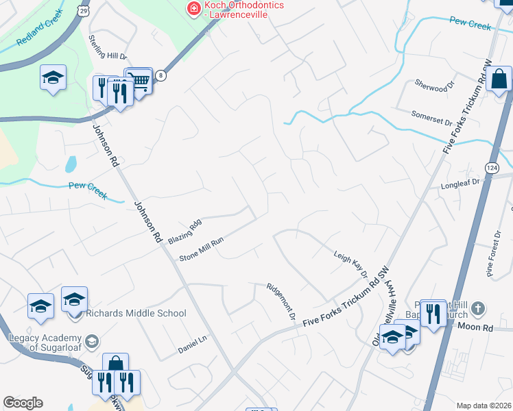 map of restaurants, bars, coffee shops, grocery stores, and more near 268 Mill Ridge Court in Lawrenceville