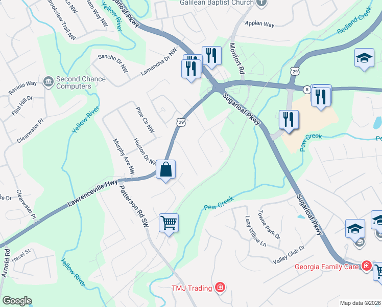 map of restaurants, bars, coffee shops, grocery stores, and more near 1671 Cannonball Court Northwest in Lawrenceville