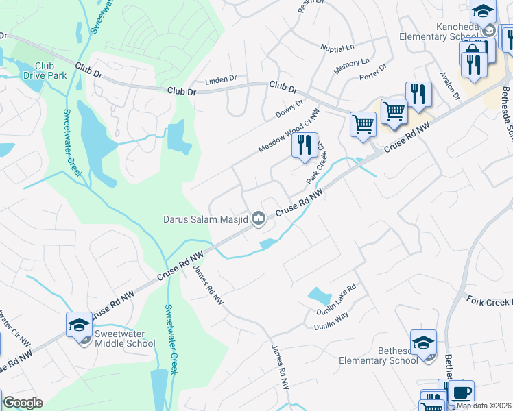 map of restaurants, bars, coffee shops, grocery stores, and more near 1006 Martin Heights Drive in Lawrenceville