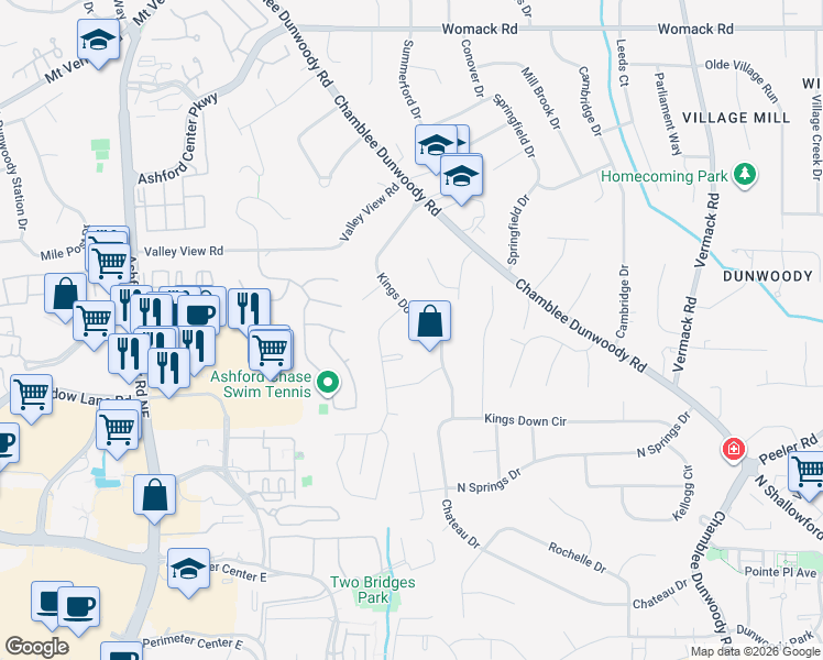 map of restaurants, bars, coffee shops, grocery stores, and more near 4719 Kings Down Road in Dunwoody