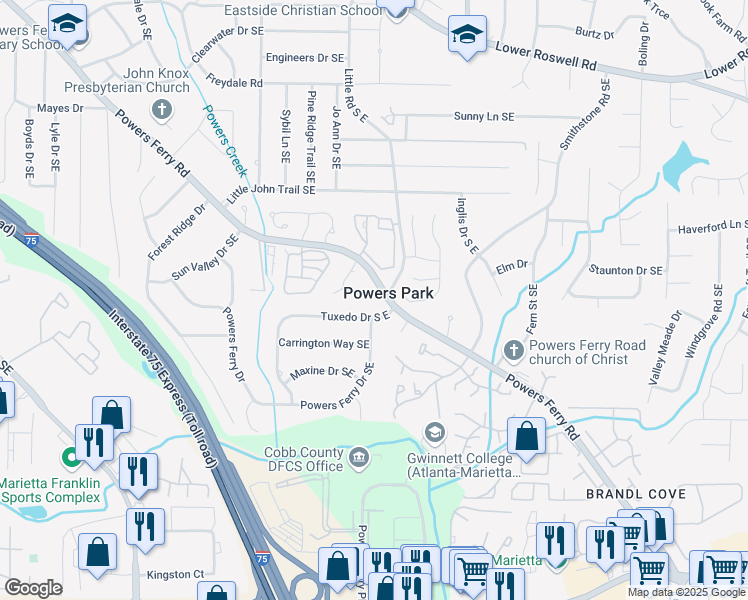 map of restaurants, bars, coffee shops, grocery stores, and more near 866 Bonnie Glen Drive Southeast in Marietta