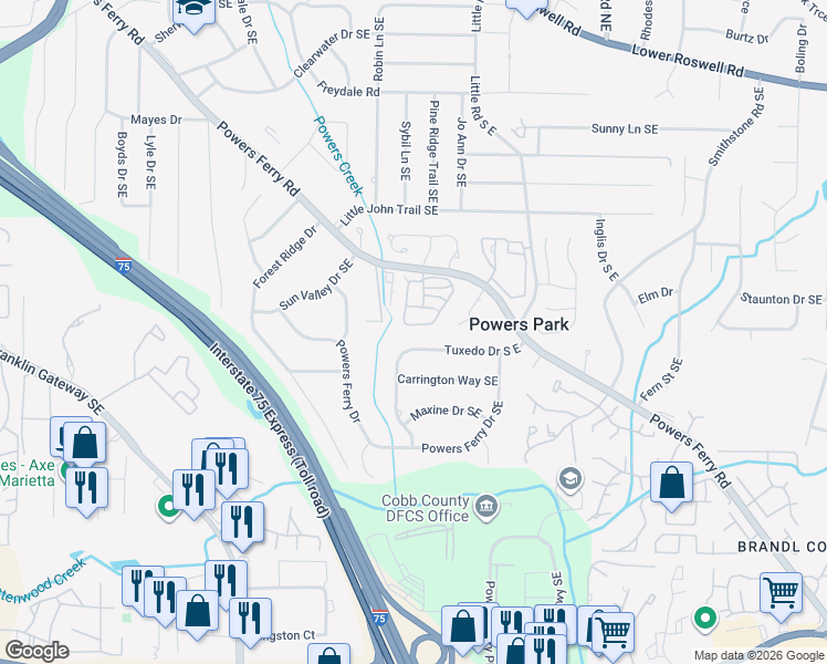 map of restaurants, bars, coffee shops, grocery stores, and more near 728 Gardenside Circle Southeast in Marietta