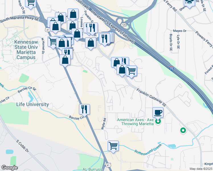map of restaurants, bars, coffee shops, grocery stores, and more near 2107 Augusta Drive in Marietta