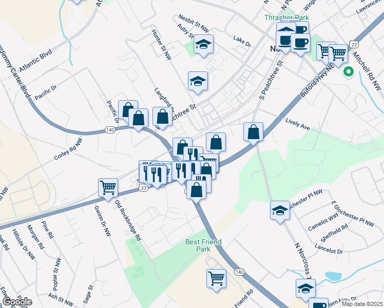 map of restaurants, bars, coffee shops, grocery stores, and more near 853 South Peachtree Street in Norcross