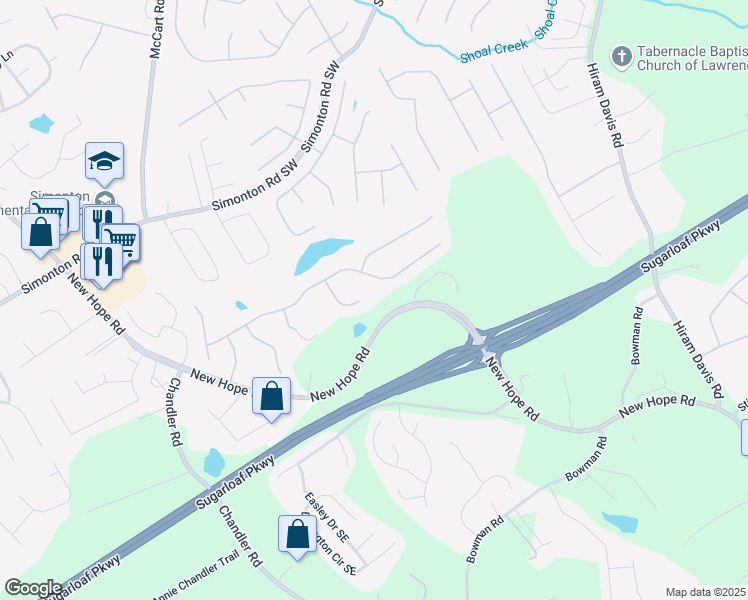 map of restaurants, bars, coffee shops, grocery stores, and more near 573 Savannah Rose Way in Lawrenceville