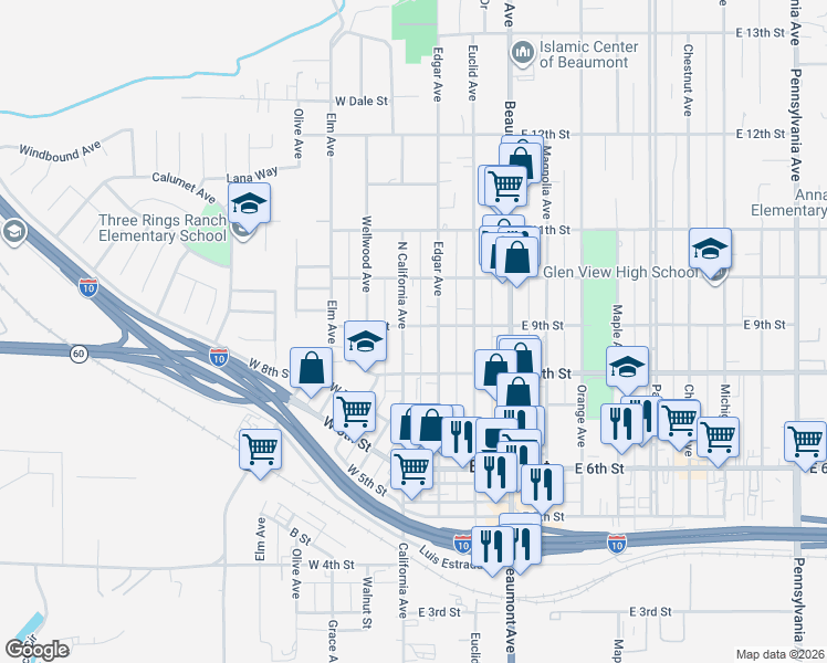 map of restaurants, bars, coffee shops, grocery stores, and more near 890 North California Avenue in Beaumont