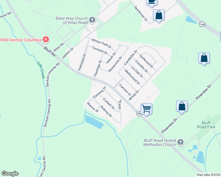 map of restaurants, bars, coffee shops, grocery stores, and more near 4502 Bluff Road in Columbia