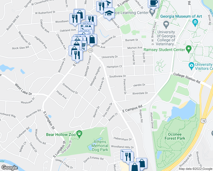 map of restaurants, bars, coffee shops, grocery stores, and more near 1620 South Milledge Avenue in Athens