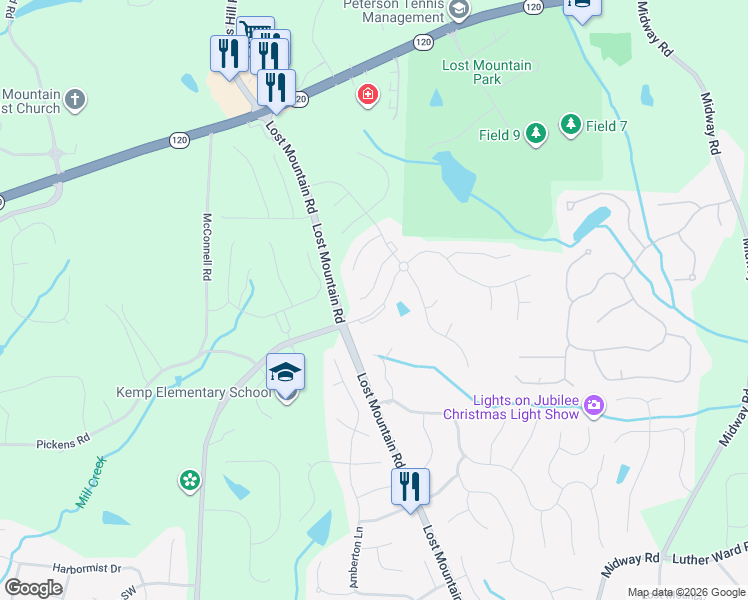 map of restaurants, bars, coffee shops, grocery stores, and more near 5147 Castlehaven Bend in Powder Springs
