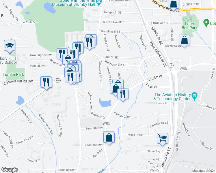 map of restaurants, bars, coffee shops, grocery stores, and more near 115 Carnes Drive Southeast in Marietta