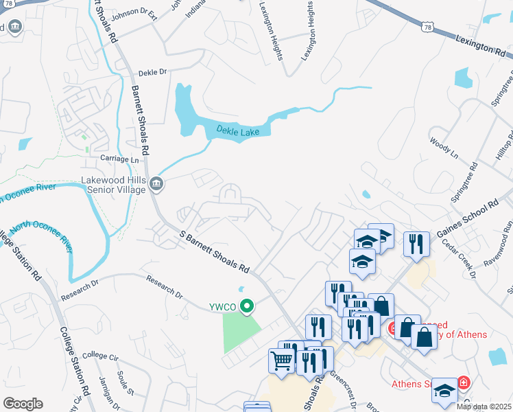 map of restaurants, bars, coffee shops, grocery stores, and more near Unnamed Road in Athens