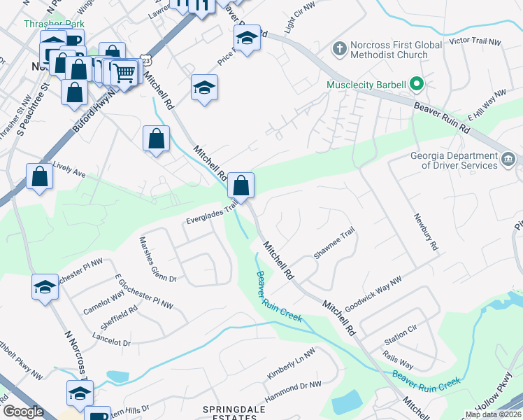 map of restaurants, bars, coffee shops, grocery stores, and more near 5653 Executive Way in Norcross
