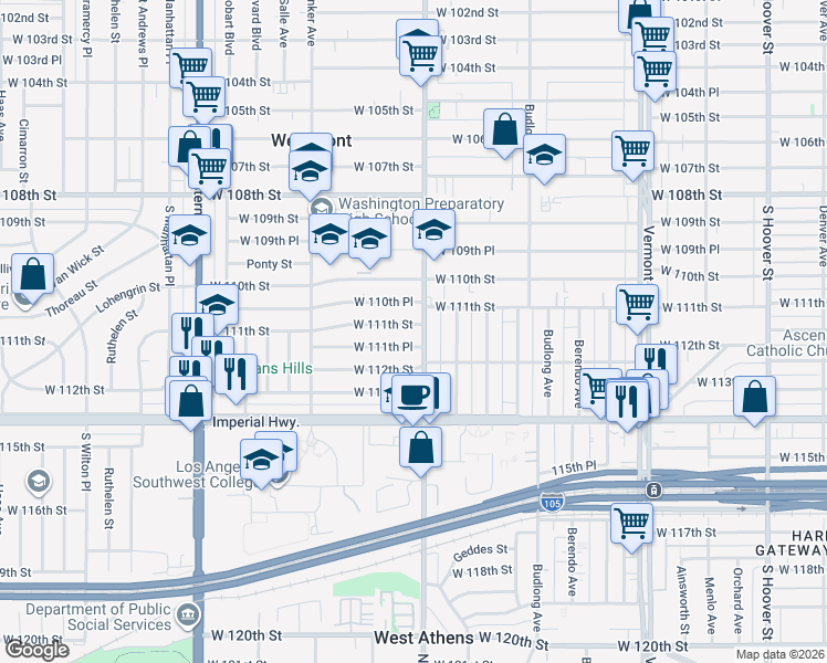 map of restaurants, bars, coffee shops, grocery stores, and more near 1408 West 111th Street in Los Angeles