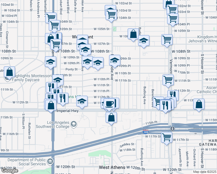 map of restaurants, bars, coffee shops, grocery stores, and more near 1412 West 111th Street in Los Angeles