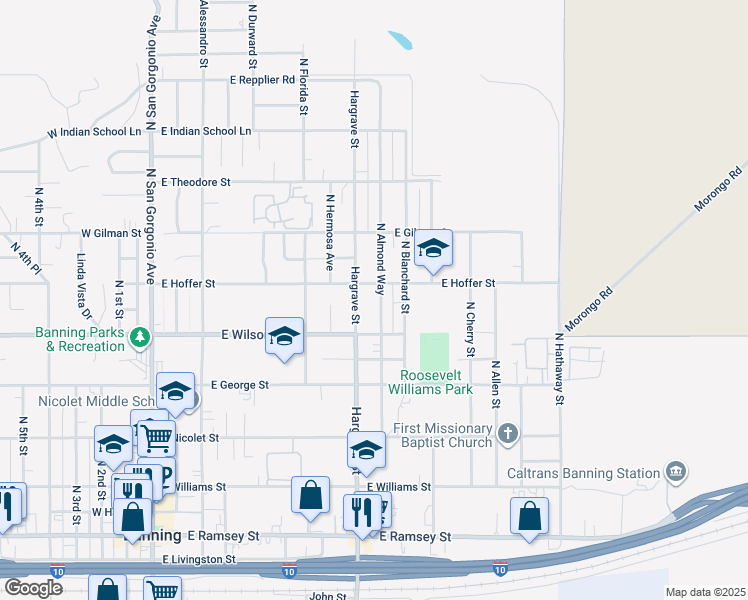 map of restaurants, bars, coffee shops, grocery stores, and more near 937 North Almond Way in Banning