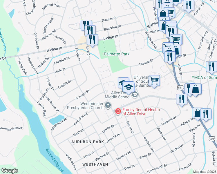 map of restaurants, bars, coffee shops, grocery stores, and more near 403 Alice Drive in Sumter