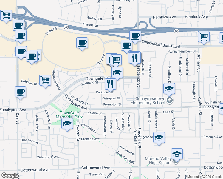map of restaurants, bars, coffee shops, grocery stores, and more near 12829 Lambeth Street in Moreno Valley