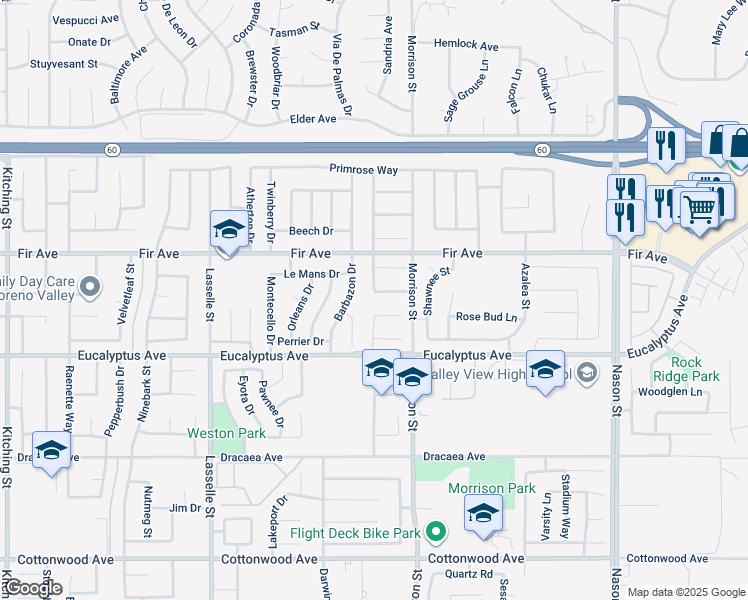 map of restaurants, bars, coffee shops, grocery stores, and more near 26425 Coconut Lane in Moreno Valley
